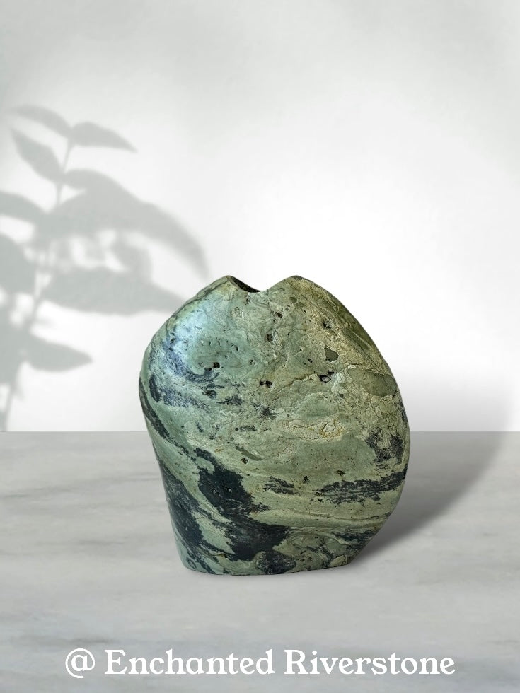 "Mystic Green" - Handmade Natural Riverstone Vase | Bud vase | Rock art